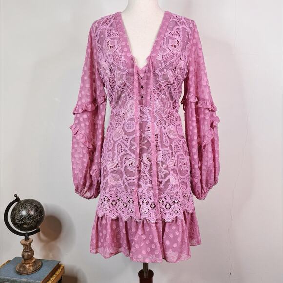 Alexis Malicha Crochet Lace Mini Dress Georgette Pastel Size M $625 Romantic - Picture 1 of 13